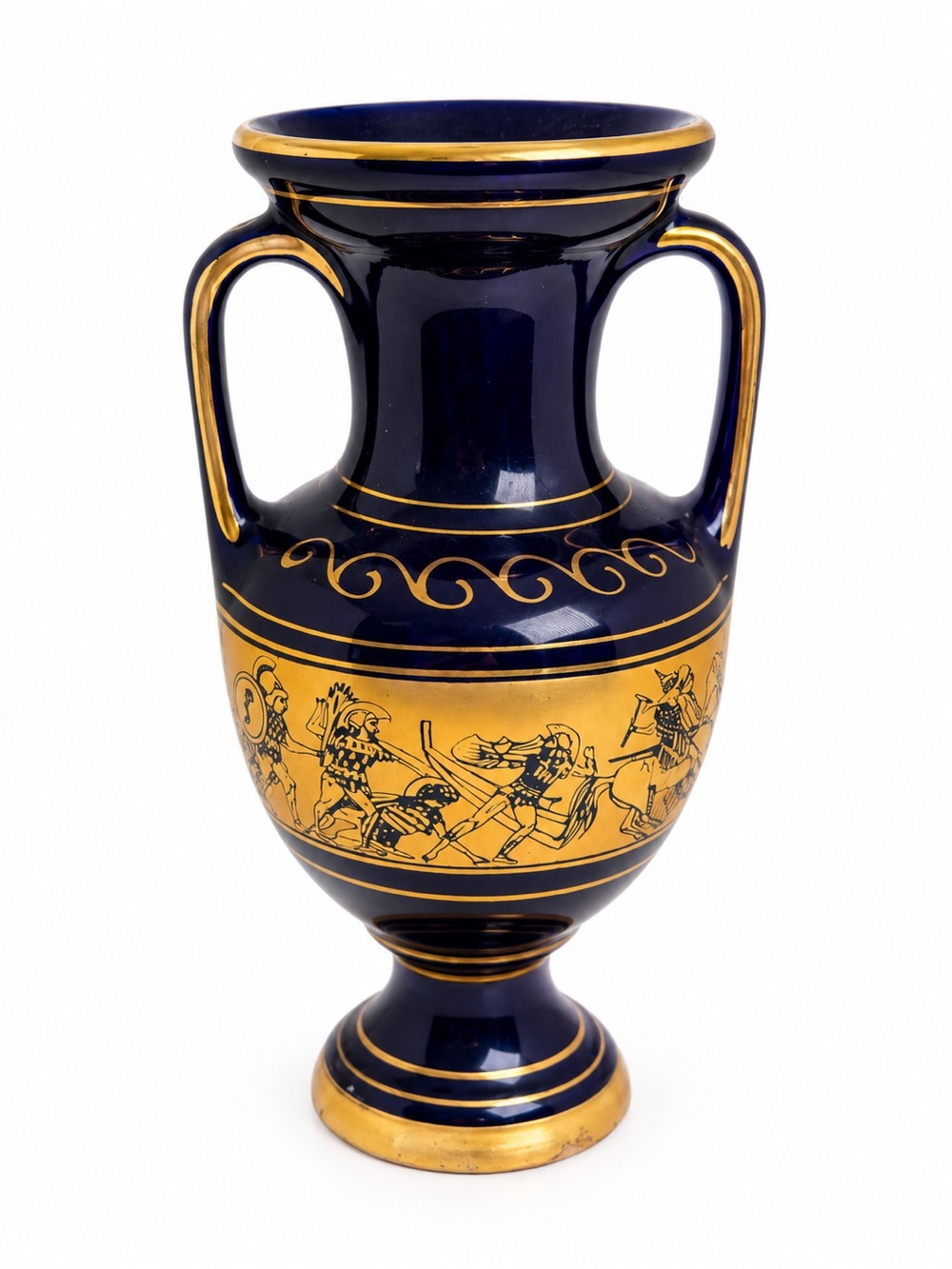 Greek Amphora Vase Hand Made in Greece 24K Gold Cobalt Blue Warrior Scene 8”